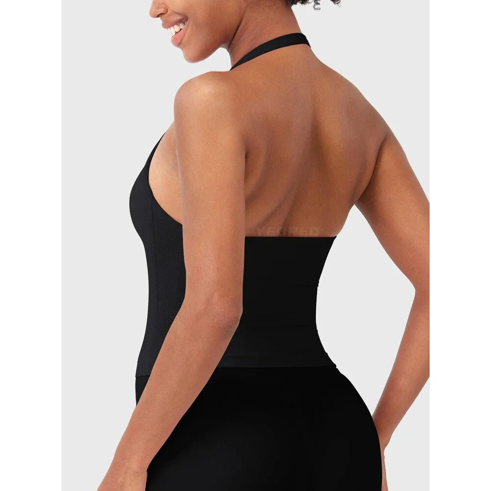 YEOREO Women's Black Softhue Impact Halter Tank Top Longline Backless Scoop XS